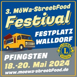 zu sehen ist ein gelber mobiler Verkaufswagen mit dem Hinweis dass an Pfingsten auf dem Festplatz in Walldorf die 3. Auflage des Festivals vom Lions Club organisiert wird.